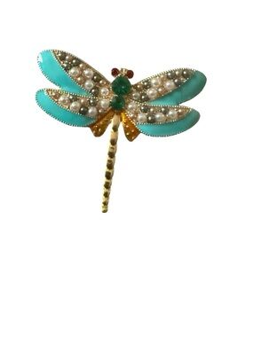 Vintage Turquoise, Pearl & Gold Dragonfly Brooch